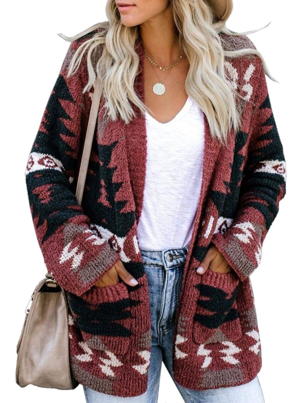 Boho Aztec Open Front Cardigan | Loose Slouchy Sweater | Tribal Long Sleeve Coat